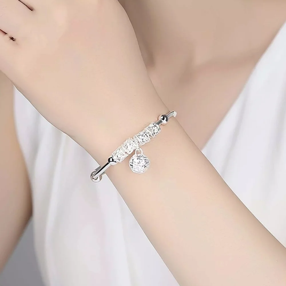 Silver Bell Beaded Elegant Dainty Adjustable Bangle Bracelet Jingle Bells Ball